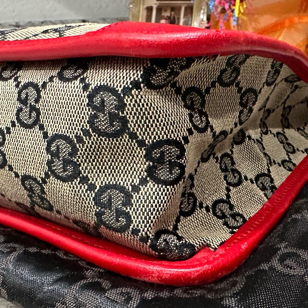 6 HOUR SALE -GUCCI MONOGRAM CANVAS MINI BAG W Red LEATHER DUAL HANDLES - Picture 8 of 15